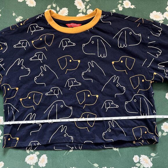 Penshoppe Navy Yellow Doodle Dog Graphic Pattern Crop Top Shirt GOOD - Picture 2 of 5